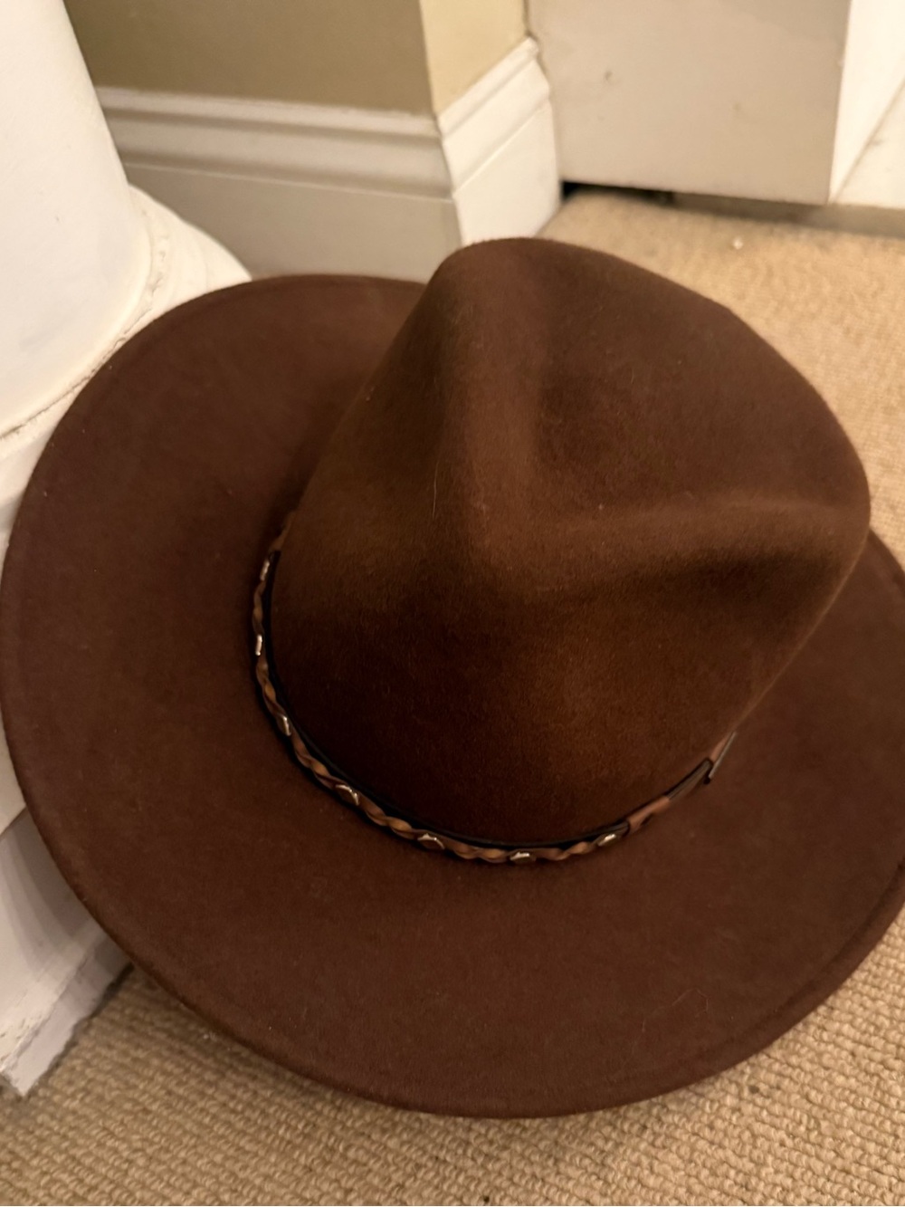 Overland sheepskin women  Brown Wool Fedora Hat with Braided Band small